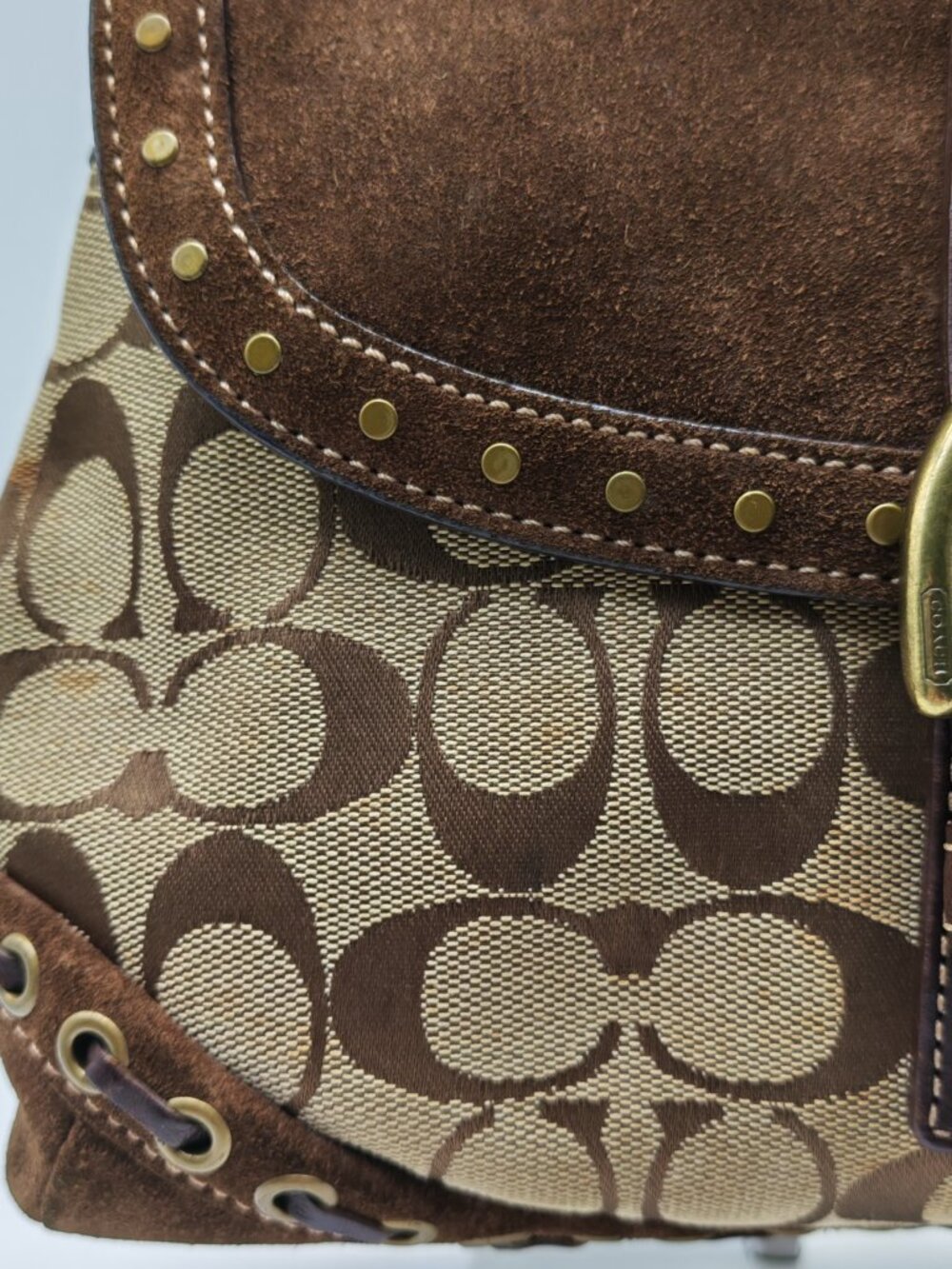 Coach Soho Signature Canvas Suede Buckle Flap Satchel Handbag Brown Studded Y2K - Picture 8 of 15